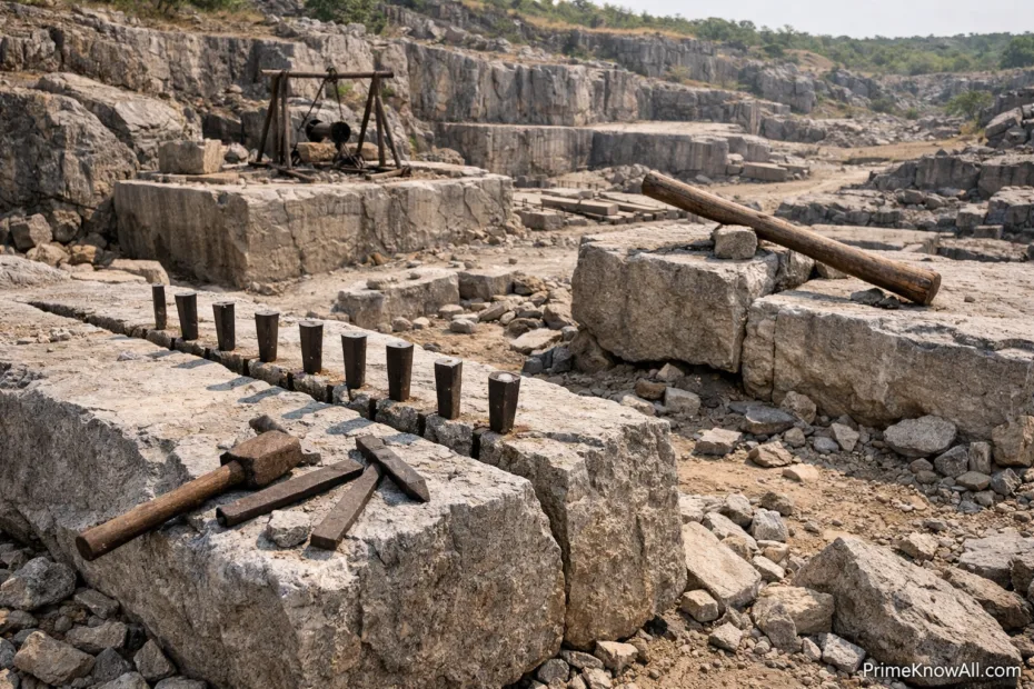 Ancient stone quarrying showing large rectangular stone blocks and wooden tools used for extraction.