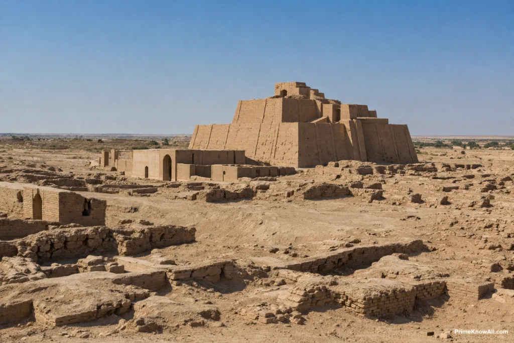 Mesopotamian temples made of sun-dried bricks stand in a desert landscape with steps leading up to the entrance.