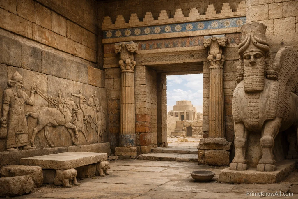 Ancient Assyrian palace entrance with elaborate stone columns and a carved archway.