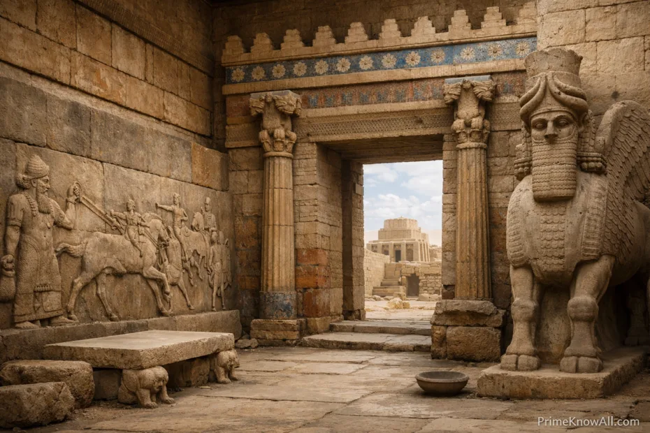 Ancient Assyrian palace entrance with elaborate stone columns and a carved archway.