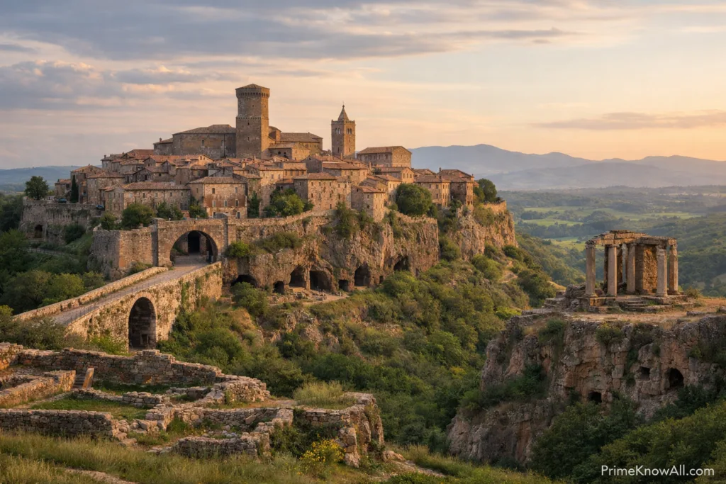 Etruscan city walls and a tower sit on a hillside surrounded by green hills and mountains.