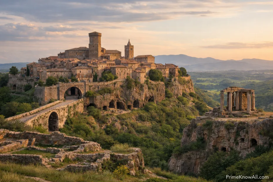 Etruscan city walls and a tower sit on a hillside surrounded by green hills and mountains.