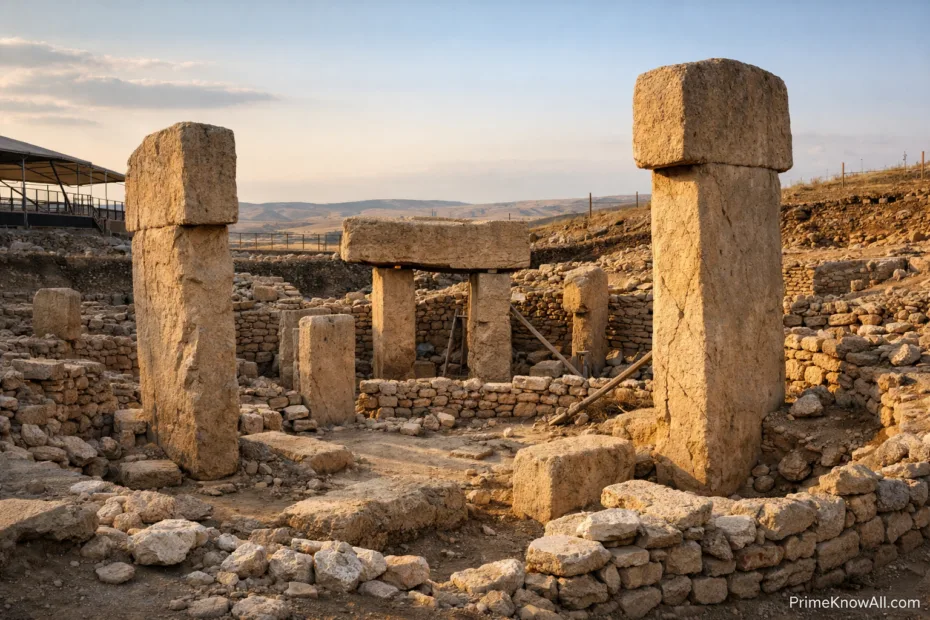 Göbekli Tepe's massive stone pillars stand upright amid an ancient archaeological site with a desert landscape in the backgro…