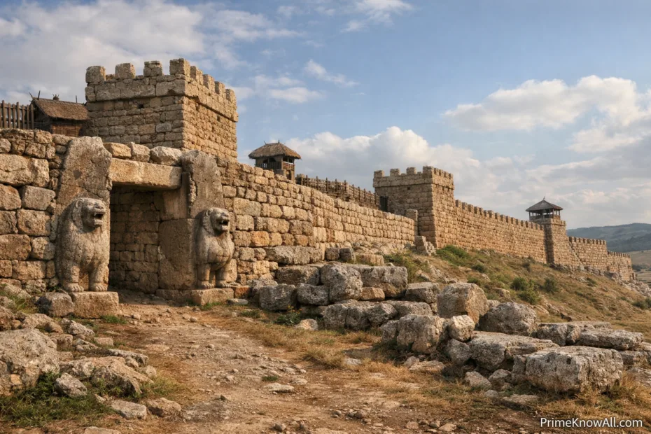 Hittite fortifications feature large stone walls and rugged terrain with a clear view of the surrounding landscape.