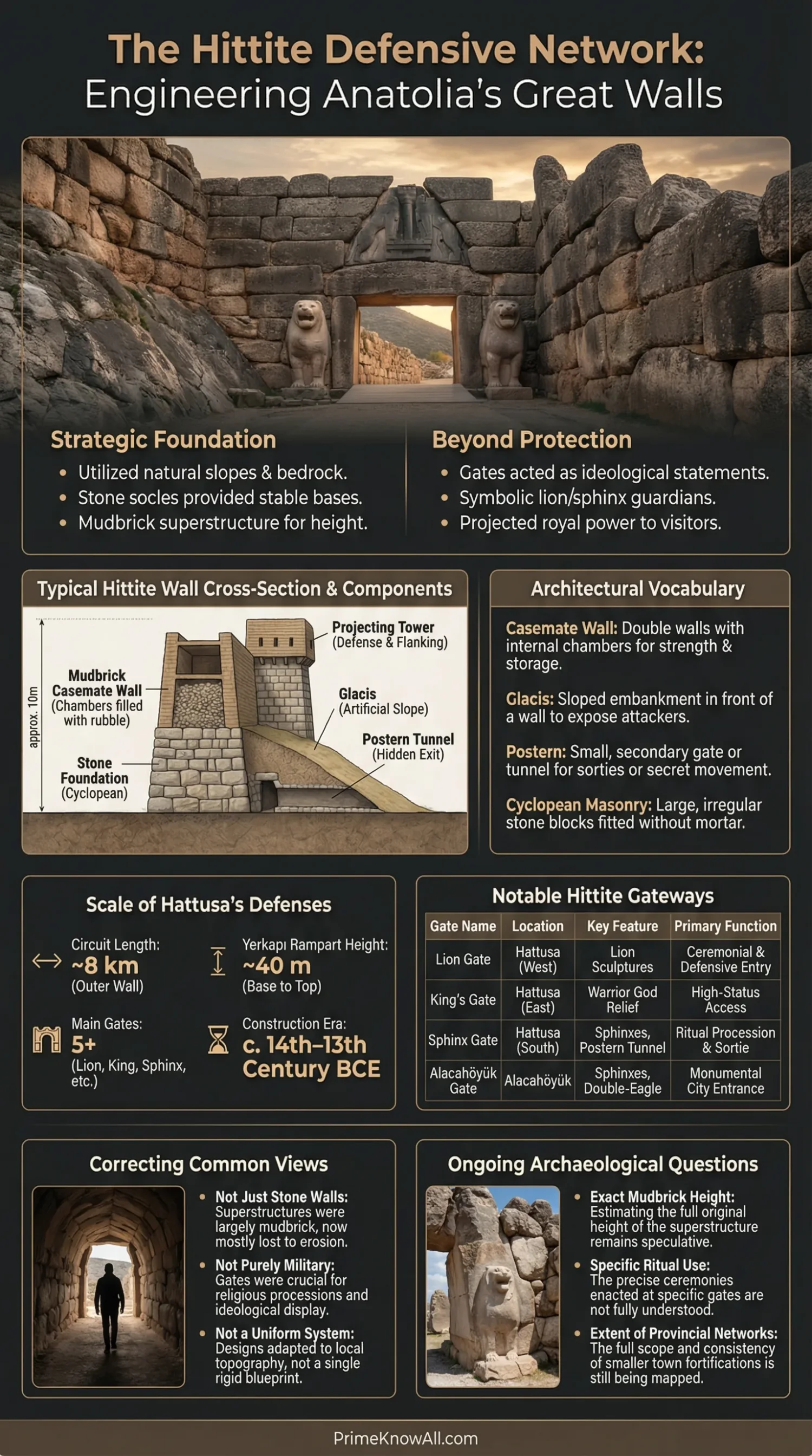Hittite fortress with massive stone walls and a wooden gate at the entrance, showcasing ancient defensive structures.