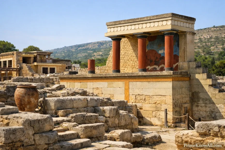 Minoan palace ruins with stone steps and colorful columns against a backdrop of hills and a blue sky.