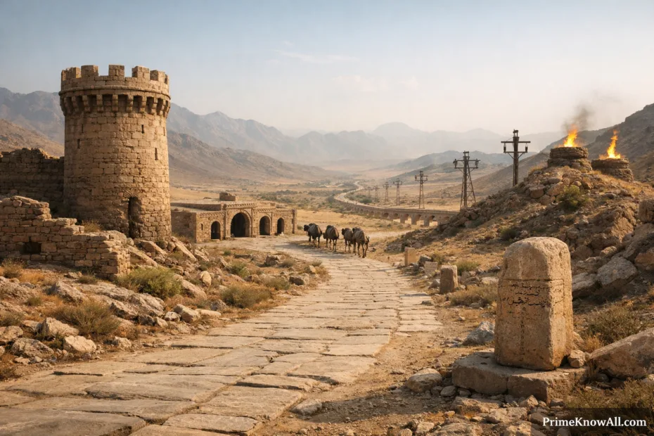 Persian royal road features a stone-paved pathway with sand and rocks on either side, stretching through a mountainous landsc…