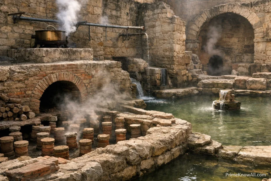 Roman baths feature stone pools filled with steaming water heated by an ancient underground system.