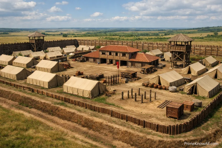 Roman military camp with rows of rectangular tents and stone patrol paths on a grassy plain.