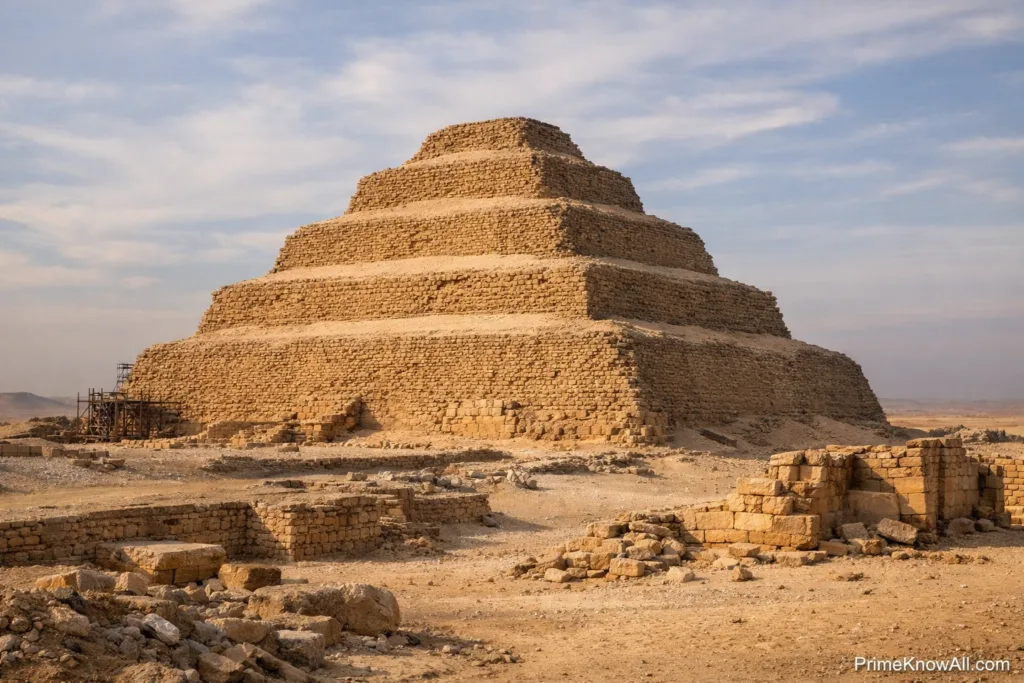 Step pyramid made of mud bricks rising in tiers against a clear sky.