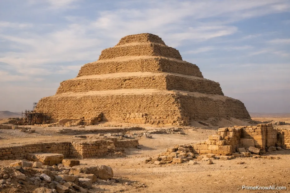 Step pyramid made of mud bricks rising in tiers against a clear sky.