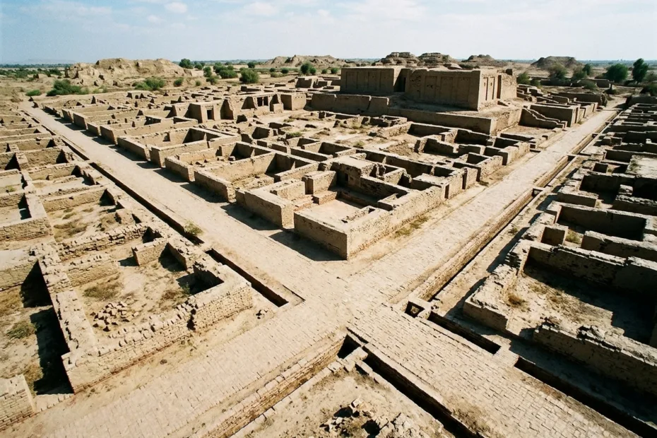 Ancient ruins of Indus Valley city planning with grid-like streets and brick structures visible from above.