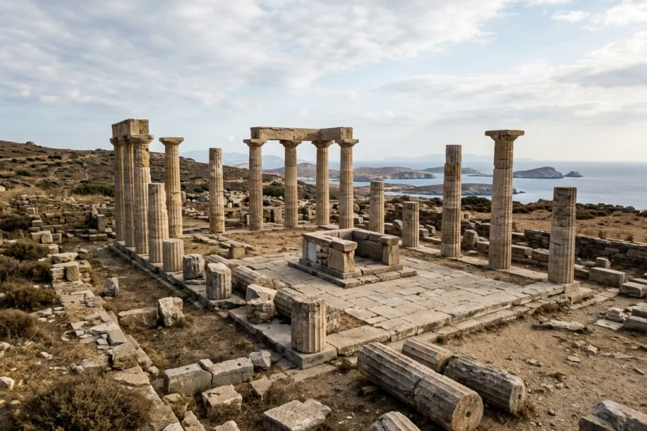 Ruins of ancient religious structures with broken columns and stone foundations set against a cloudy sky.