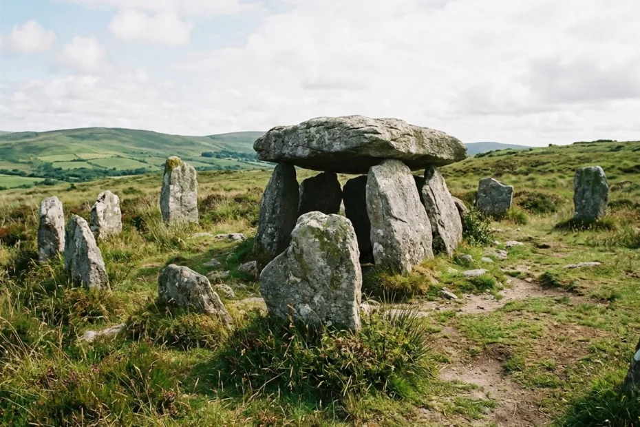 Sundial-like stone arrangement with large upright stones and a flat capstone in a grassy landscape.