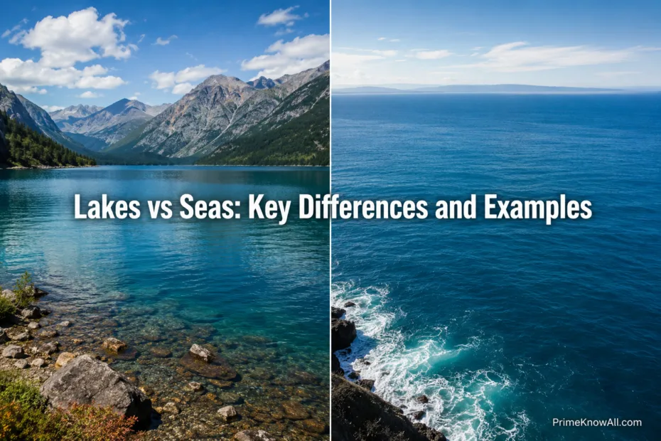 Lakes with rocky shorelines on the left and seas with open water and a distant horizon on the right.