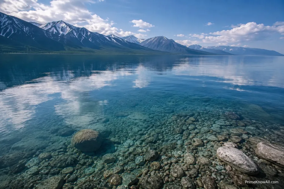 Turquoise lake with snow-capped mountains reflected on the water's surface.