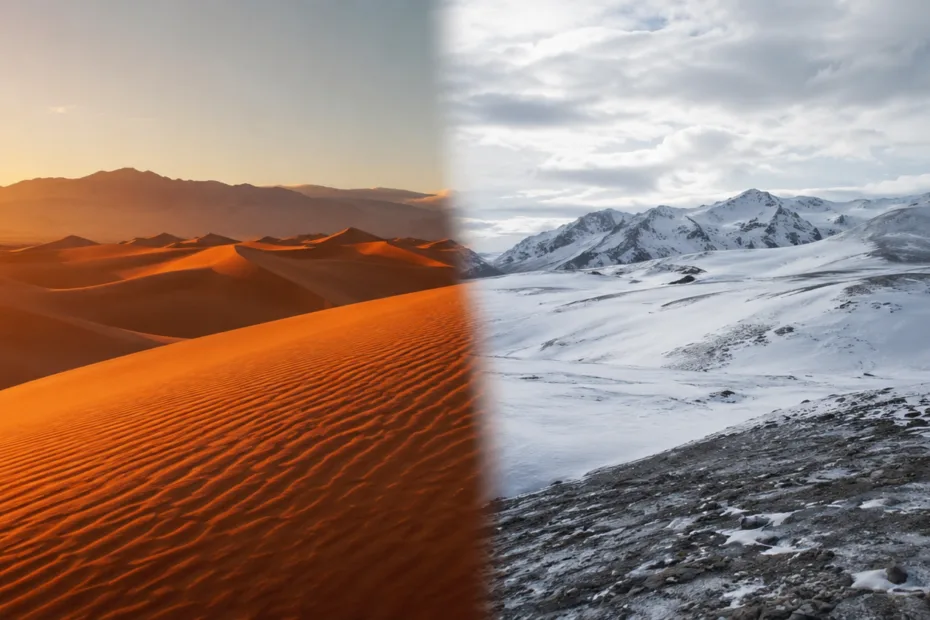 Desert landscape with vast orange sand dunes on the left and snow-covered cold desert on the right.