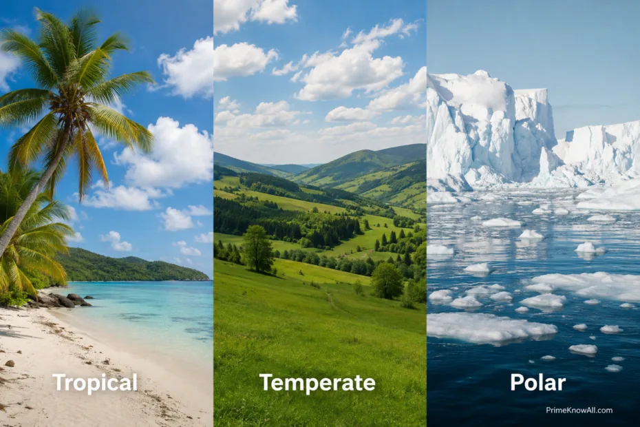 Earth's climate zones illustration shows tropical, temperate, and polar regions with different landscape features.