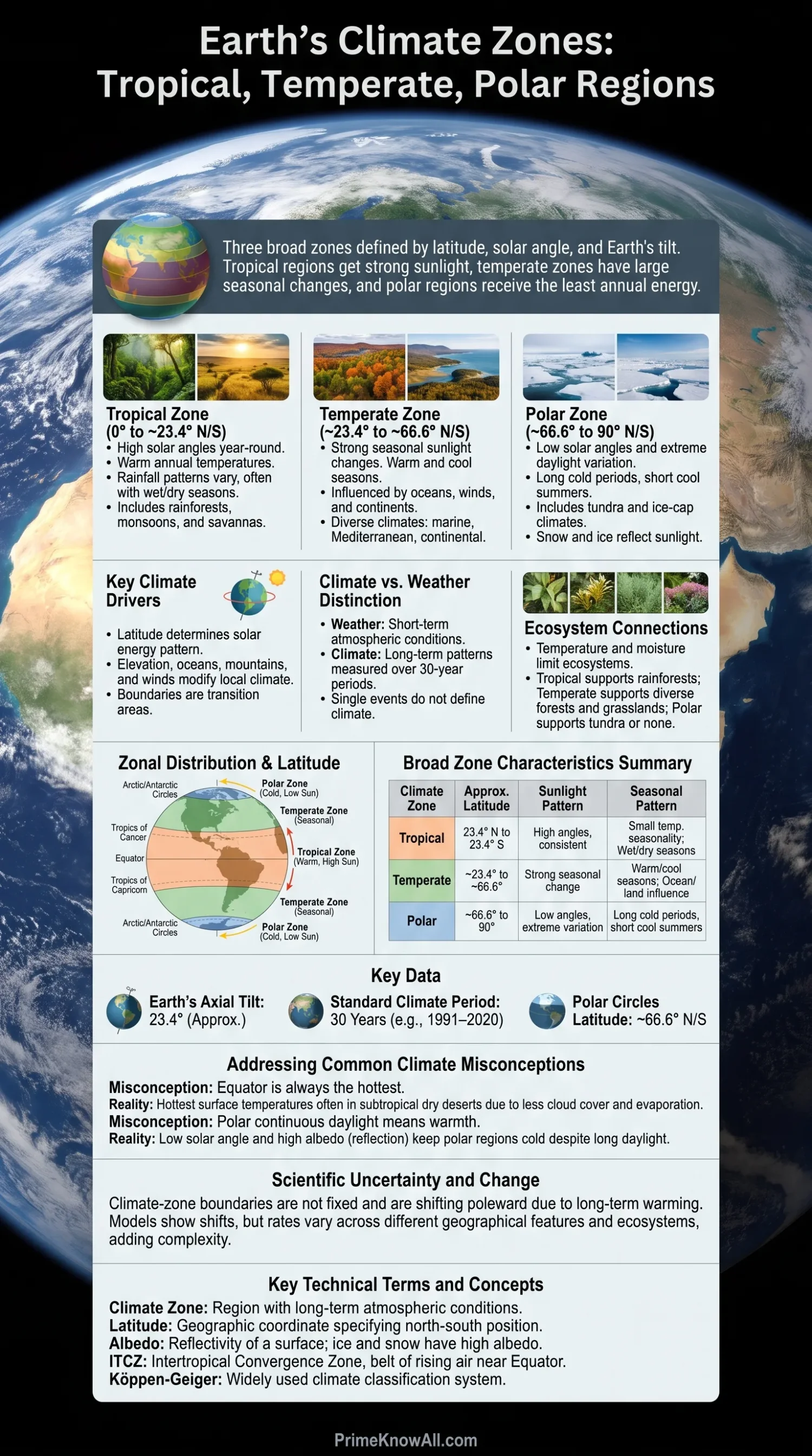 Map of Earth's climate zones showing tropical, temperate, and polar regions with colored areas and labels.