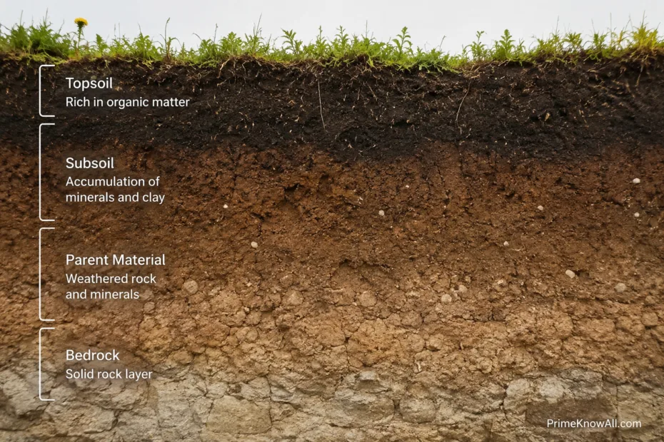 Close-up of grassy topsoil layered over darker soil and underlying minerals.