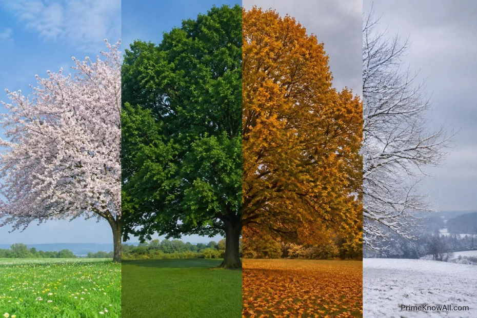 Tree with green leaves on the left and orange autumn leaves on the right, showing seasonal change.