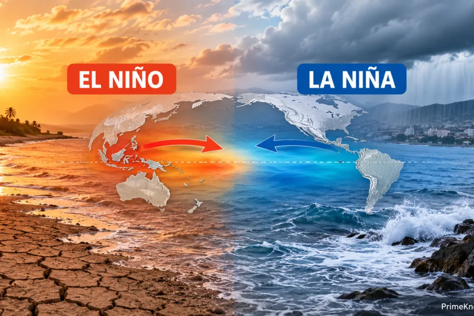 El Niño side shows a warm-colored ocean and stormy sky, while La Niña side features a cooler ocean and clearer sky.