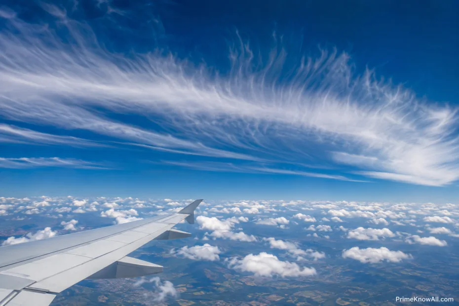 View from an airplane window shows the wing with high-altitude jet streams and cloud formations in the sky.
