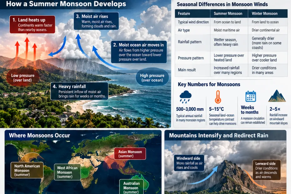 Map showing monsoon wind directions over South Asia with arrows and cloud symbols indicating seasonal rainfall.