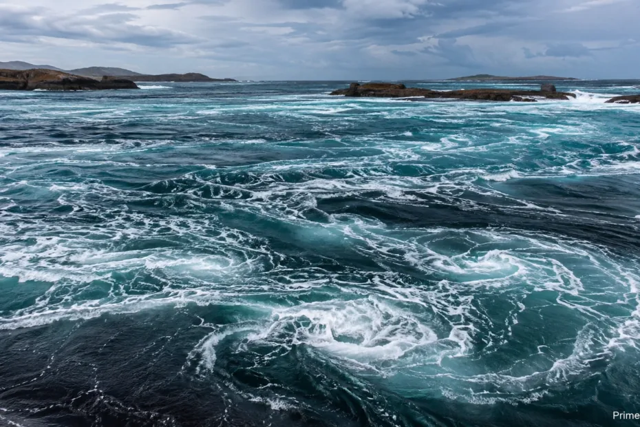 Ocean waves crash over the surface with a distant view of the shoreline and cloudy sky.